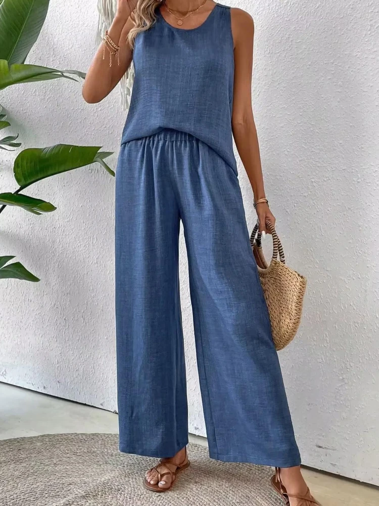 

Летний новый комплект из двух предметов для женщин: однотонный, с вырезом на спине, свободный топ без рукавов с круглым вырезом и прямые широкие брюки.