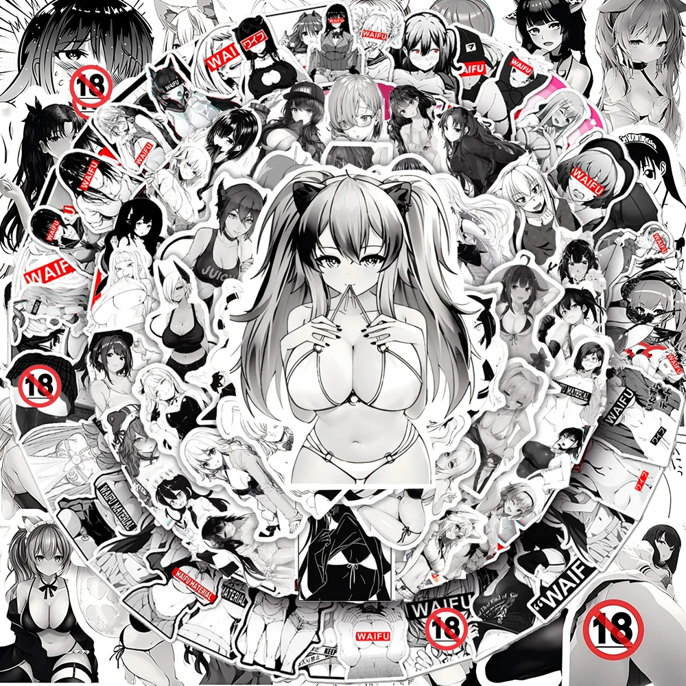

100/300pcs Black and White Sexy Hentai Anime Girl Stickers Adult Waifu Cartoon Decals DIY Phone Laptop Waterproof Sticker Packs