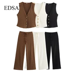 EDSA Women 2 Pcs Set V-Neck Single Breasted Solid Texture Casual Vest Top+High-Waisted Drawstring Wide Leg Pants