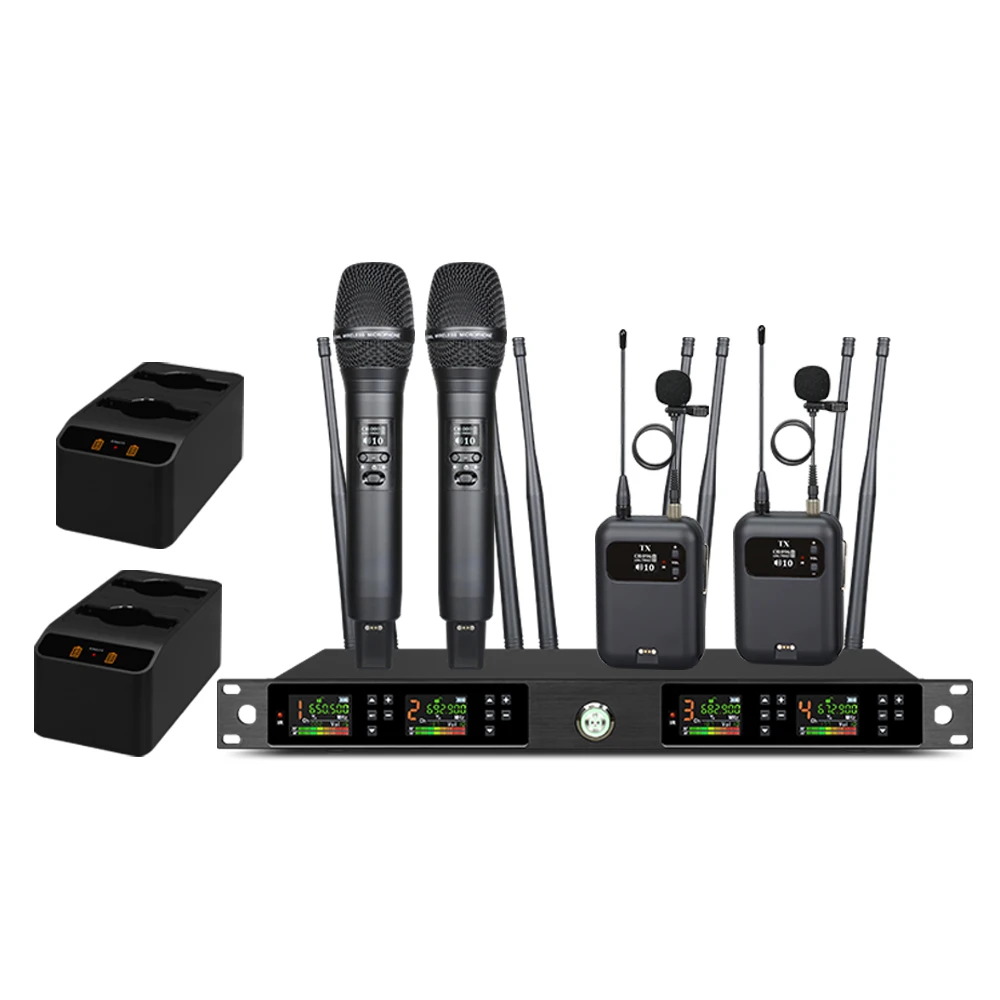 4 in 1 Professional Wireless Diversity Microphone 200m Long Range Rechargeable Mic for Church Events