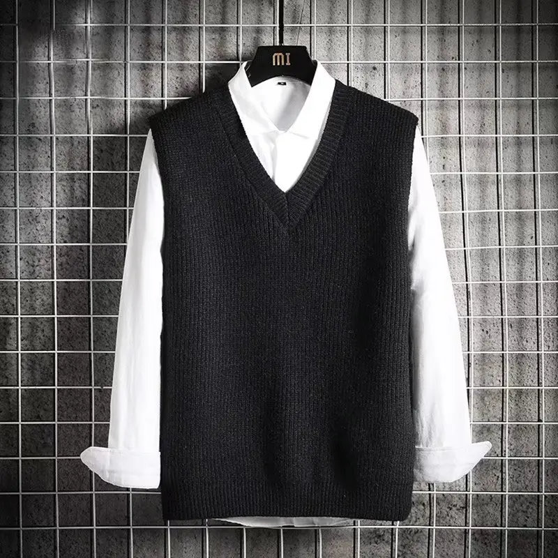 Mens Knitted Sweater Vest Sleeveless V-Neck Pullover Winter Warm Jumpers All-Match Solid Color Simple Fashion Streetwear Tops