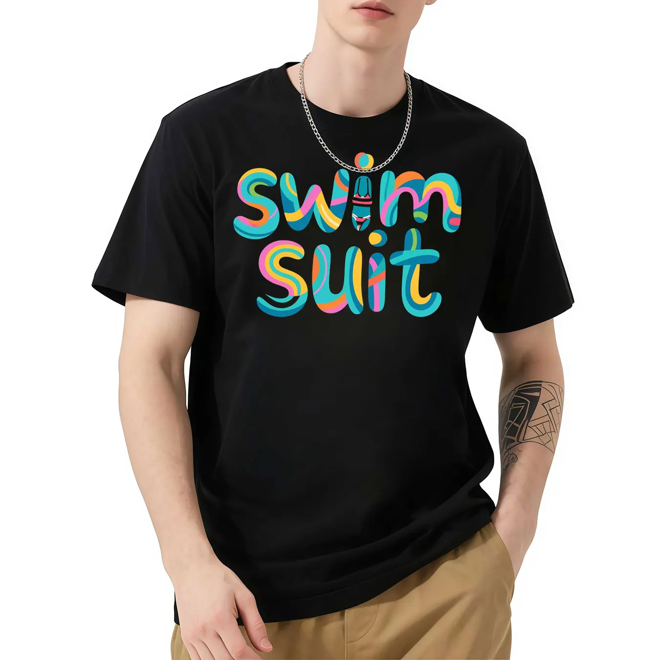 

Short - Sleeve Tee with “Swim Suit” Graphic, Colorful and Fun Design, Ideal for Summer and Swim Lovers