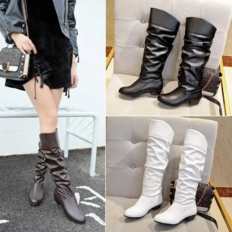 2023Shoes For Women Knee High Boots Red Black White Tall Boots Woman Pleated Low Heel Casual Leather Female Long Shoes