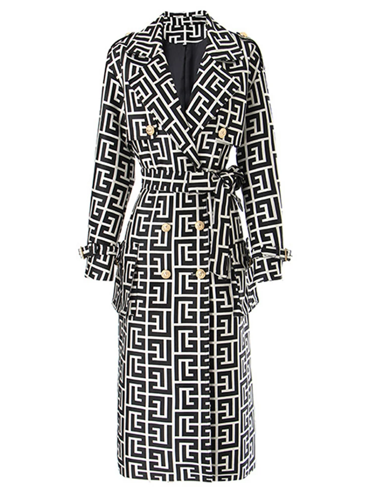 

HIGH STREET Newest Fall Winter 2023 Designer Women's Lion Buttons Geometrical Monogram Jacquard Belted Trench OverCoat