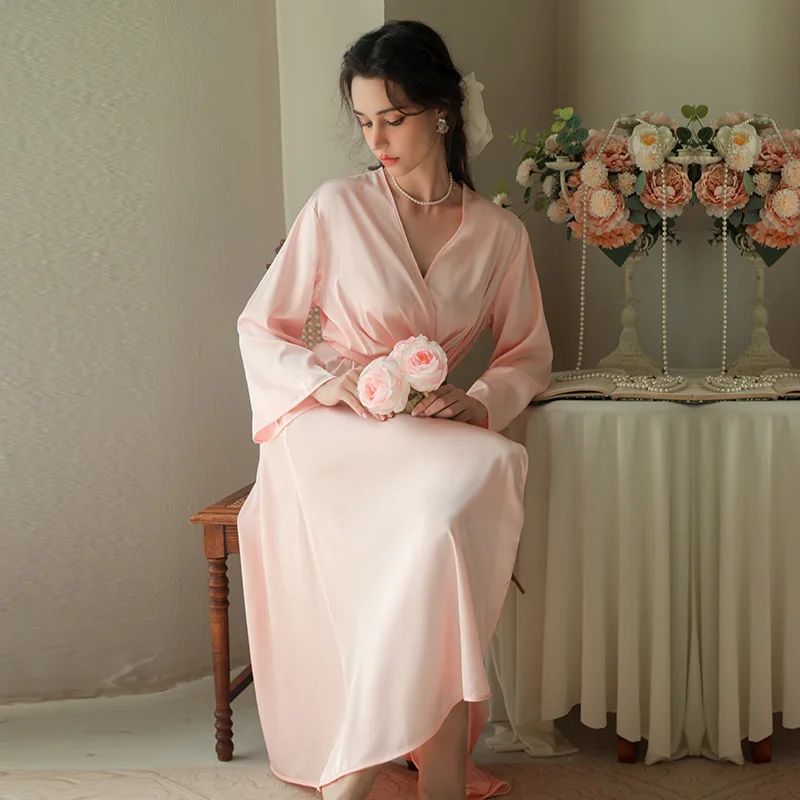 Lady Elegant Kimono Bathrobe Intimate Lingerie Silky Satin Nightwear Pink Wedding Robe Bride Moring Gown Sleepwear 6