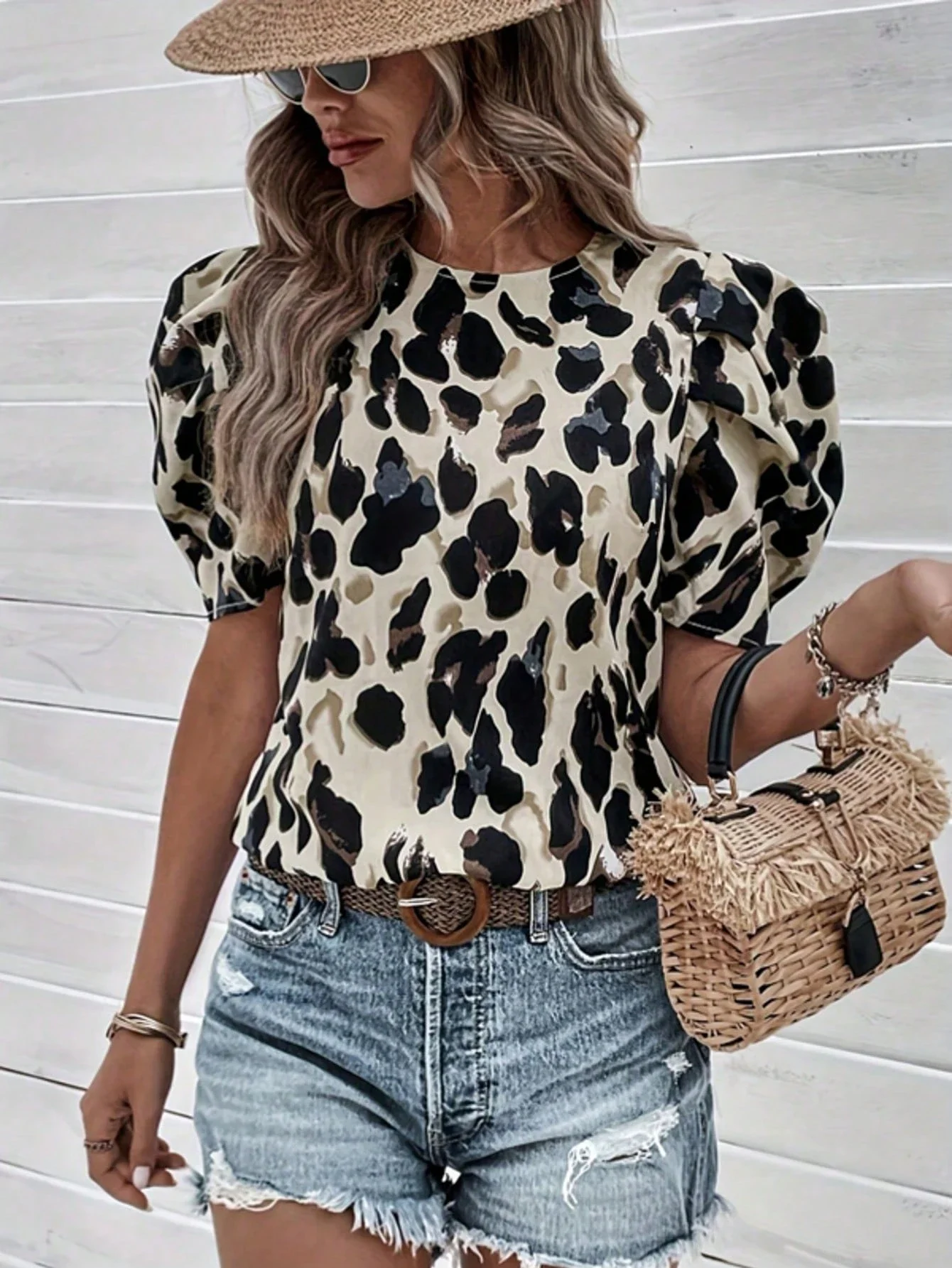 

Women's Leopard Print Puff Sleeve Blouse Summer Casual Top