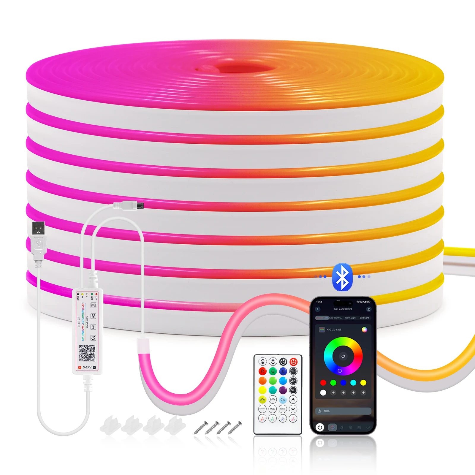 Bluetooth 5V RGBCCT Dreamcolor Neon LED Strip Light 1M 2M 5M USB Waterproof Neon Rope Light with Music Sync Tape For Home Decor