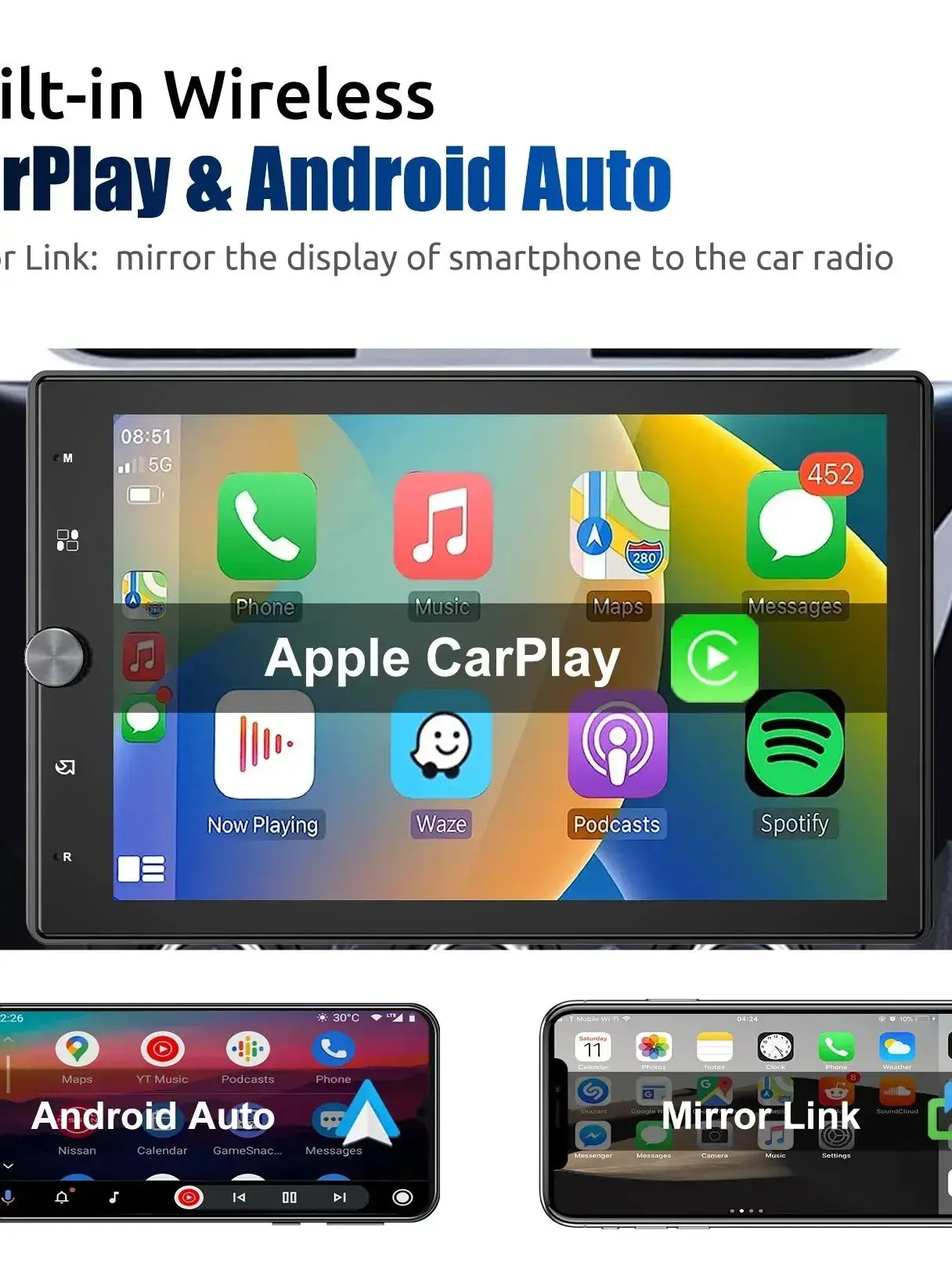 ESSGOO Single 1 DIN 10.4" Draaibaar Touchscreen Universele Autoradio Draadloze Carplay Android Auto BT AUX USB TF Mirror Link IPS - afbeelding 2