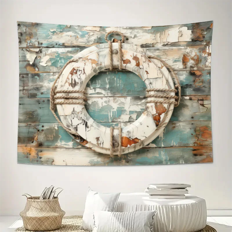 Large Rustic Nautical Life Ring Wall Tapestry Coastal Beach Decor Blue Weathered Wood Grain Canvas Art Print Hanging Decoration