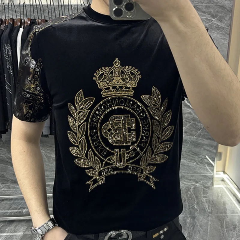 2023 European New Men\'s Luxury Short Sleeve T-shirt Fashion Hot Diamond Personalized Flower Casual Round Neck Slim Fit T-shirt