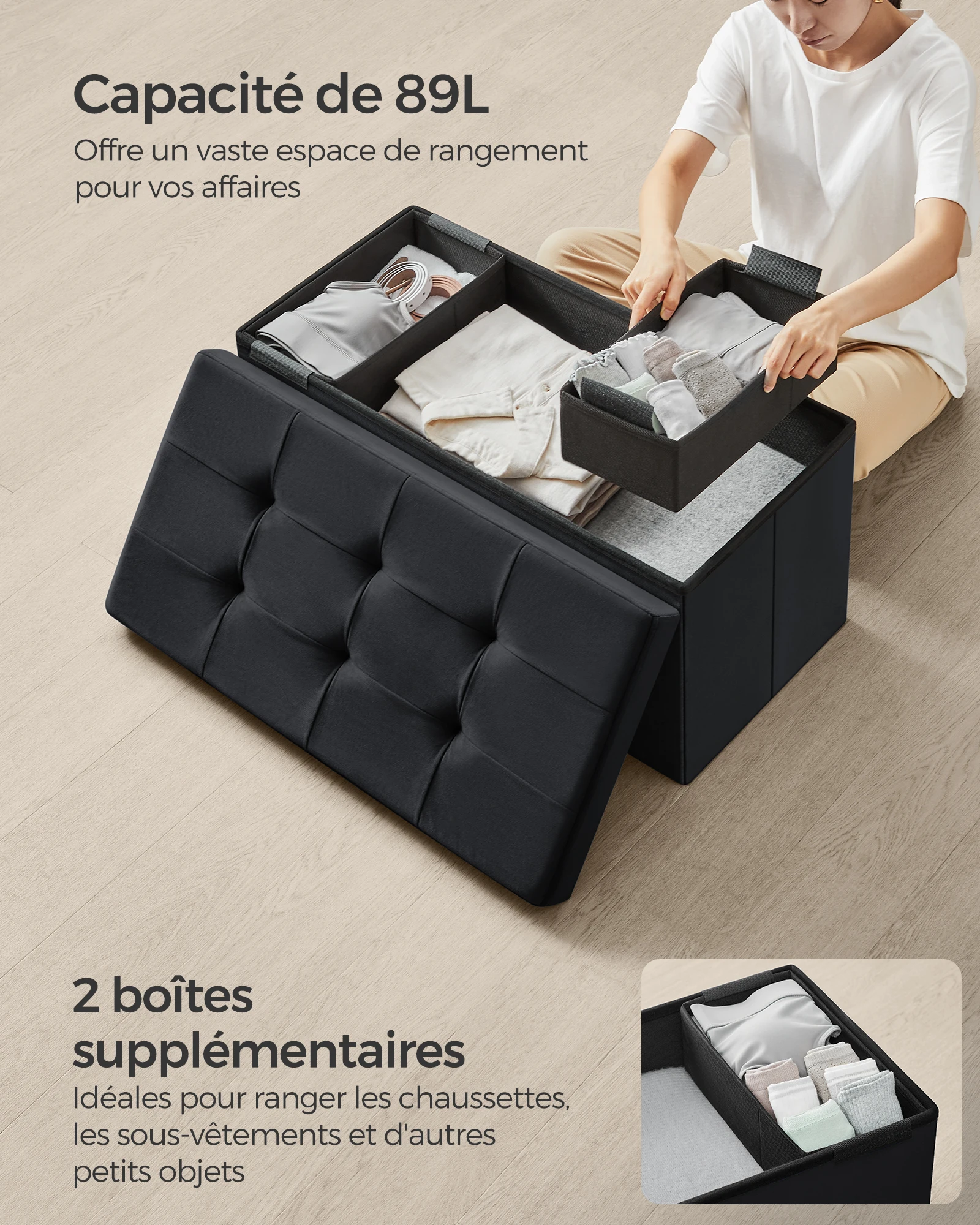 SONGMICS Mazie Collection - Tabouret de Rangement, Repose-Pieds Pliable de 38 cm, Petit Pouf, Montage Facile, pour Salon, Chambre, Entrée, Blanc Crème LSF027W01