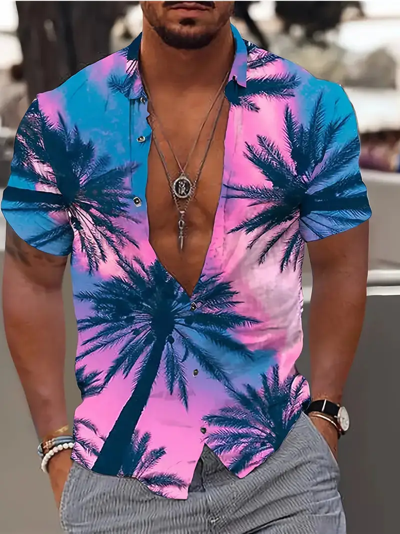 

3D Coconut Tree Pattern Men's Shirts Casual Short Sleeve Button Up Laper Shirts For Summer Beach Style Resort Holiday Streetwear