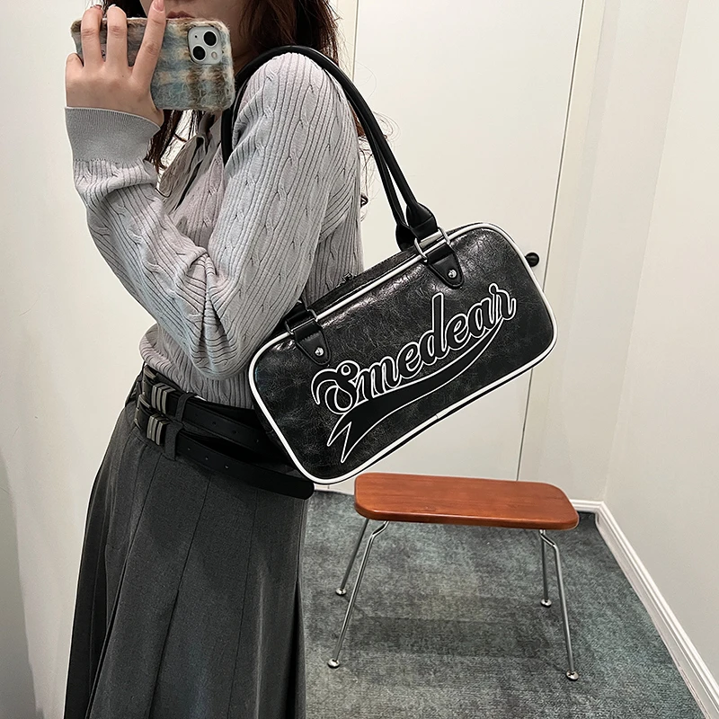 MOODS Retro Bowling Shoulder Bags For Women Letter Print Solid Color Long Handle Boston Bag 2025 Latest Luxury Designer Handbags