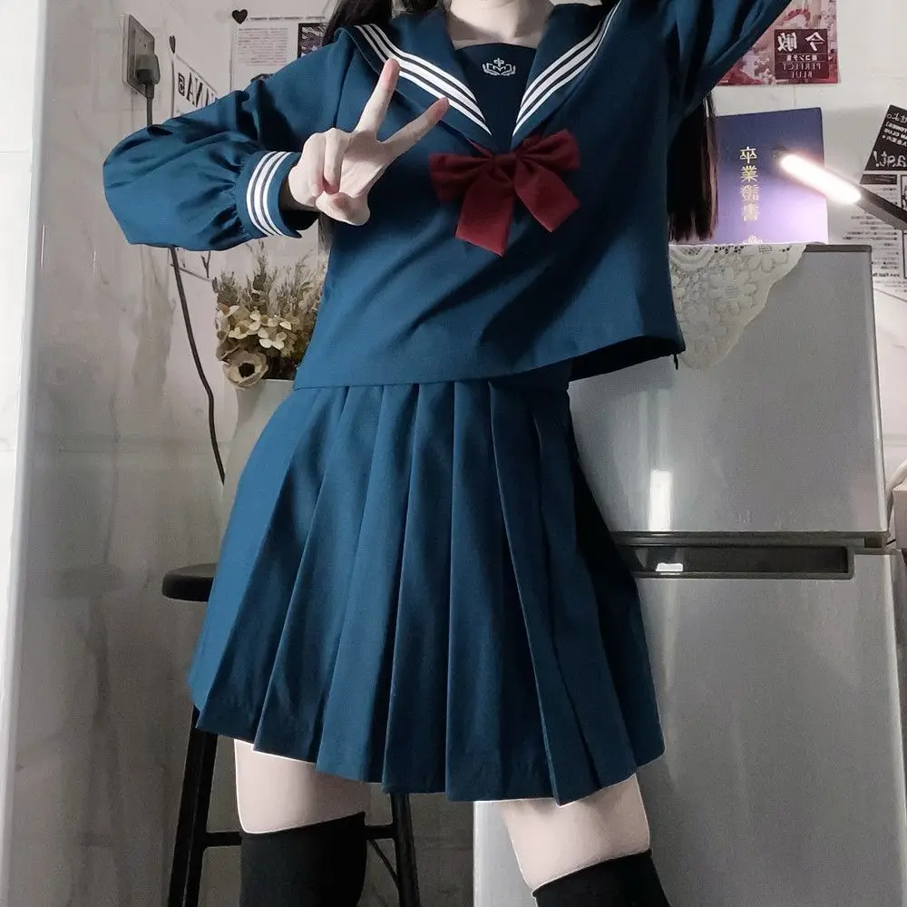 Japan Genuine School Uniform Girls Plus Size Blue Jk Suit Red Tie Basic Sailor Uniform Women Long Sleeve Suit