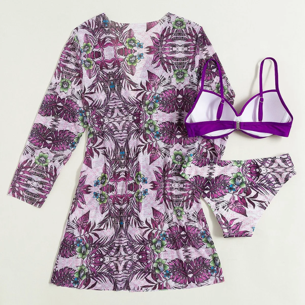 طقم بيكيني نسائي مكون من 3 قطع مع غطاء شفاف مكون من قطعتين ملابس سباحة مثيرة للشاطئ مقاس S-XL بيكيني