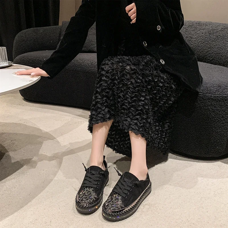 Crystal Luxury Flats Platform Shoes Women Sneaker Designer 2025 Autumn Suede Loafers Lace Up Trend Leopard Canvas Zapatos Mujer