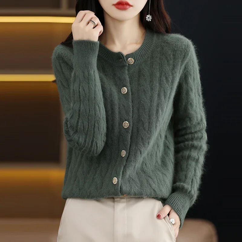 

Fashion Autumn Winter 100% Mink Cashmere Cardigan Sweater Womens Knitted O-neck Cardigan Sweater Twist Female Basic Clothe A211