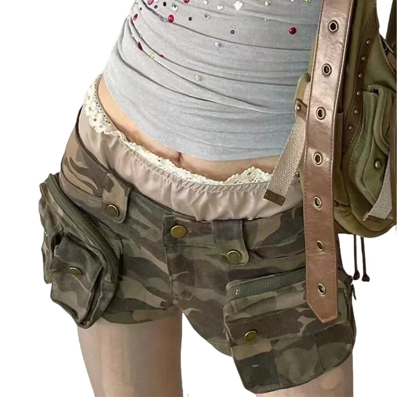Vintage Women's Denim Shorts Low Waisted Pockets Camouflage Y2k Casual Jeans Cargo Pants Gothic Green Short Jeans