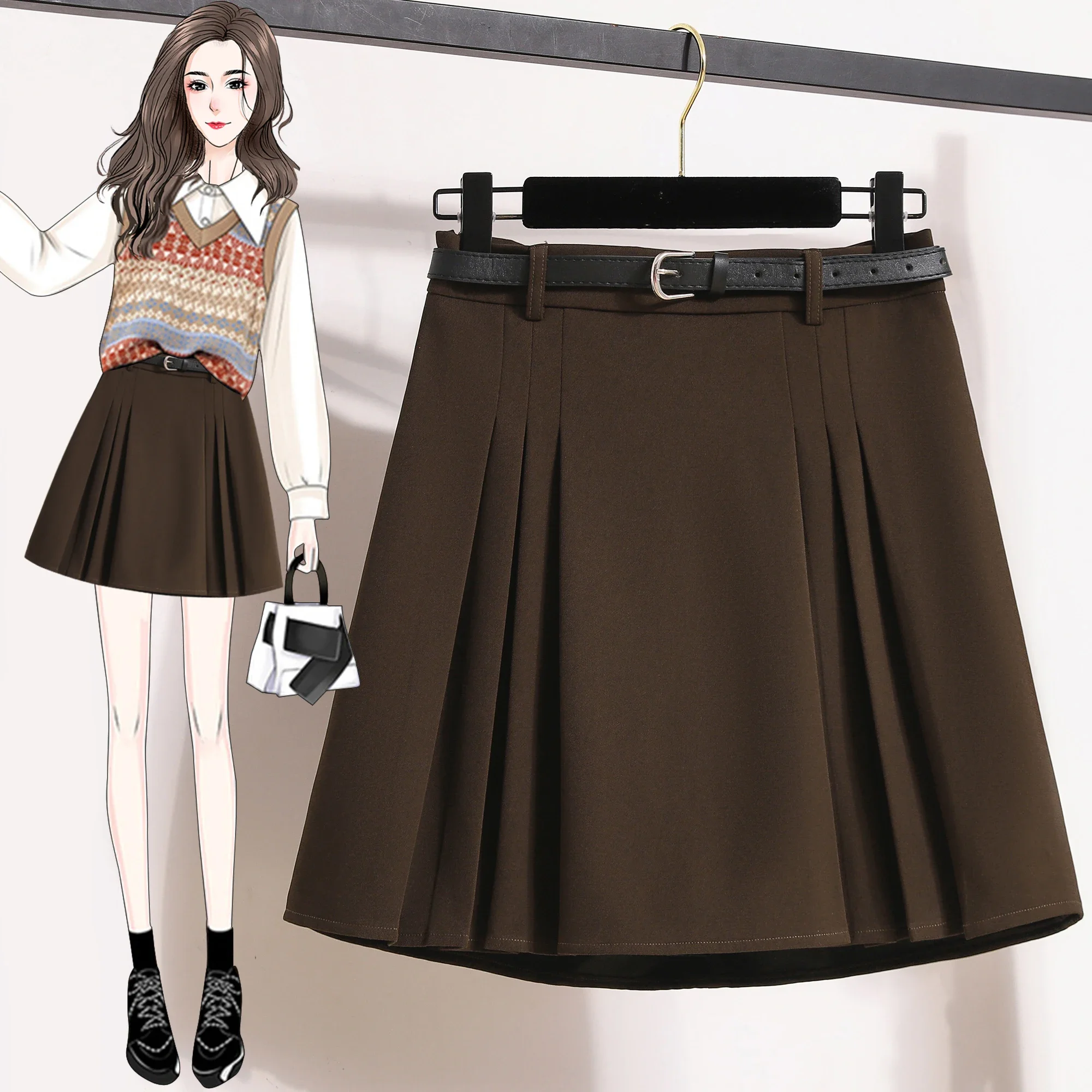 PopWith Belt Solid Color Pleated Half-body Skirt Female 2025 Spring New Korean Fashion Temperament Leisure High Waist A Word Ski