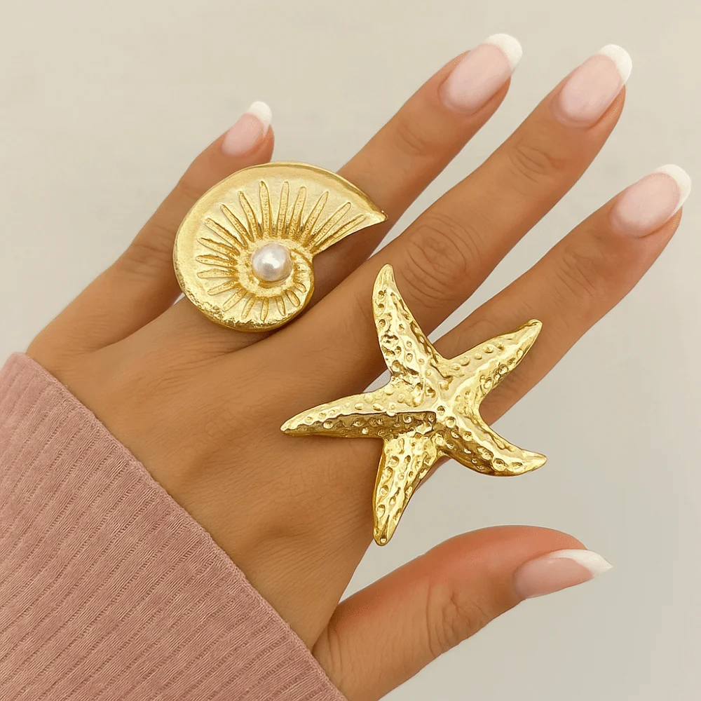 Creative Metal Vintage Conch Rings Irregular Adjustable Pearl Starfish Rings Steampunk Geometric Rings Summer Beach
