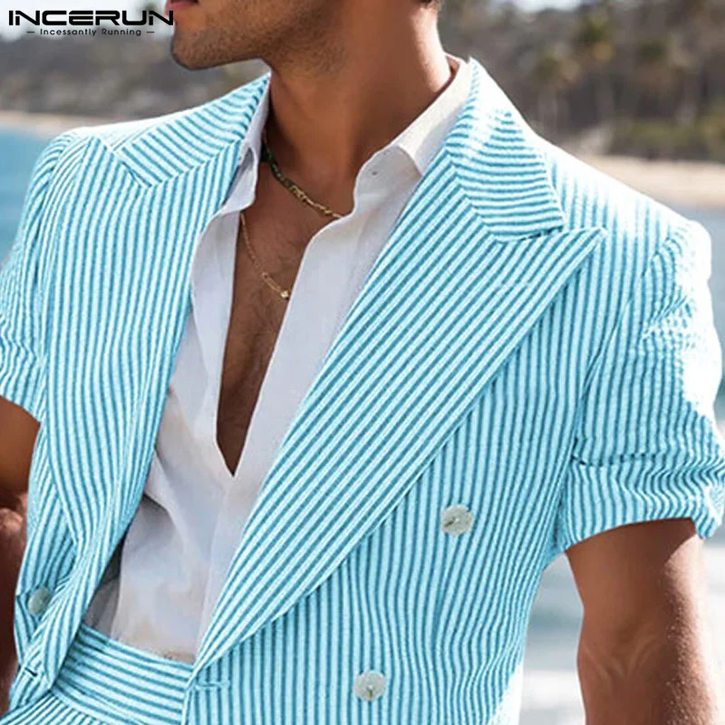 INCERUN 2024 American Style Stylish Sets New Men\'s Short Sleeved Suit Coats Shorts Leisure Suit Neck Striped Suit 2 Pieces S-5XL