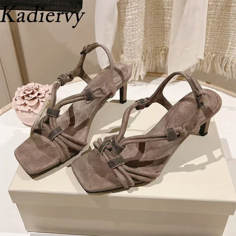 

Genuine Leather Sandals Women High Heels Cross Strap String Beads Summer Shoes Woman Thin Heels Sandals Woman Sandalias Mujer