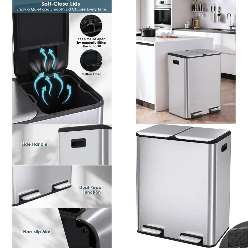 

Dual 16-Gallon Trash Can with Odor Control, Hands-Free, Soft-Close Lid, 2 Buckets, Foot Pedal, and Airtight for Kitchen and Recy
