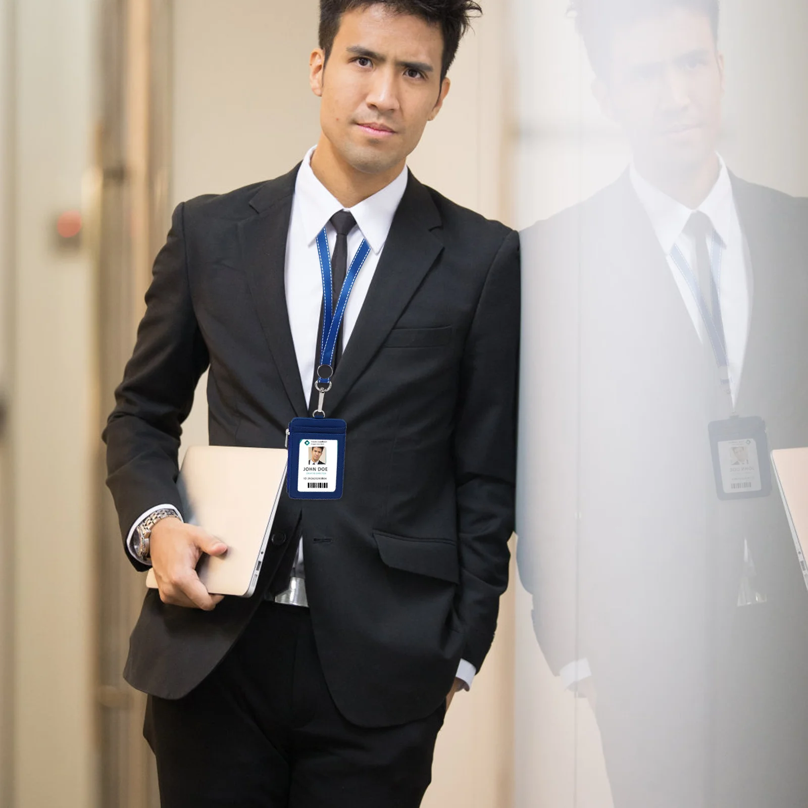 

Id Badge Holder Pu Vertical Card Insert Remove Pass Pouch With Lanyard Swivel Clip Dark Blue