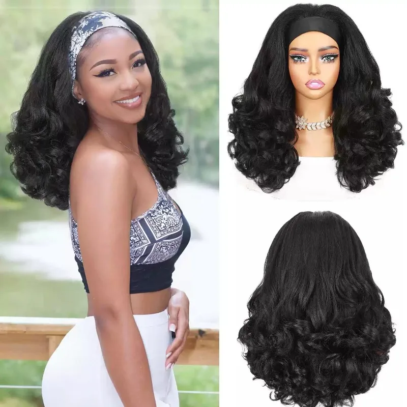 Fluffy Long Curly Headband Wig Yaki Synthetic Hair Natural Black Brown Wig with Headband Women Daily Party Use