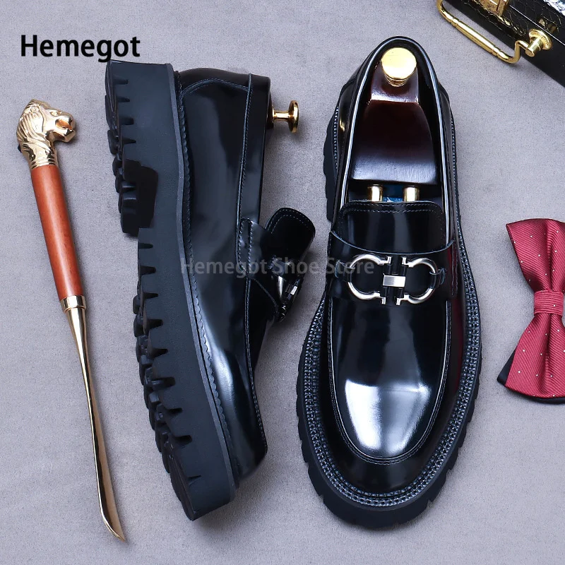 Thick Sole Leather Shoes Men\'s Metal Decoration Business Formal Round Toe Casual Cowhide Leather British Style Leather Shoes