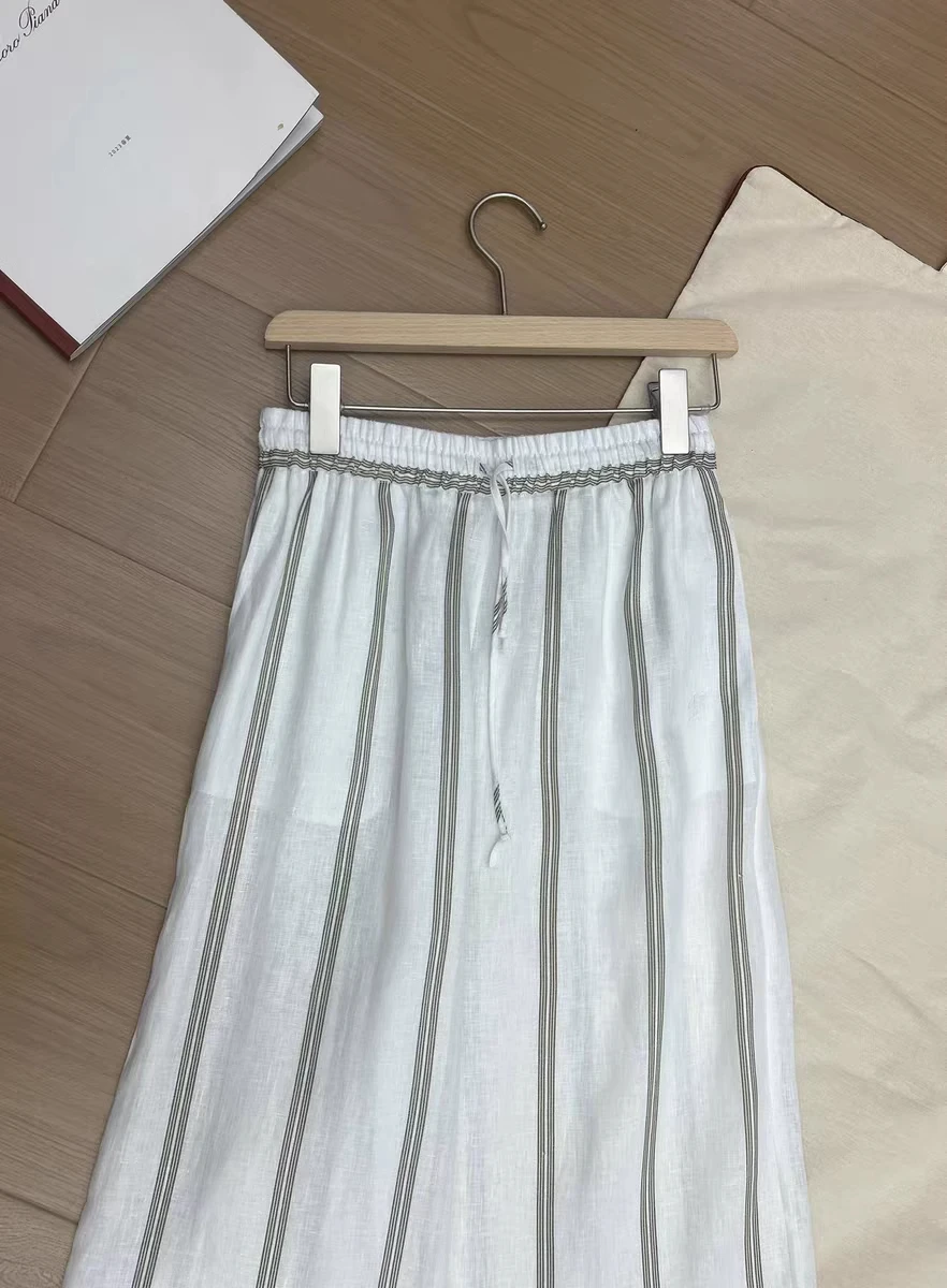 Summer L*P Women's Leg Pants Linen High Waist Straight Wide Light Thin Pants Female Vacation White Full Long Striped Trousers