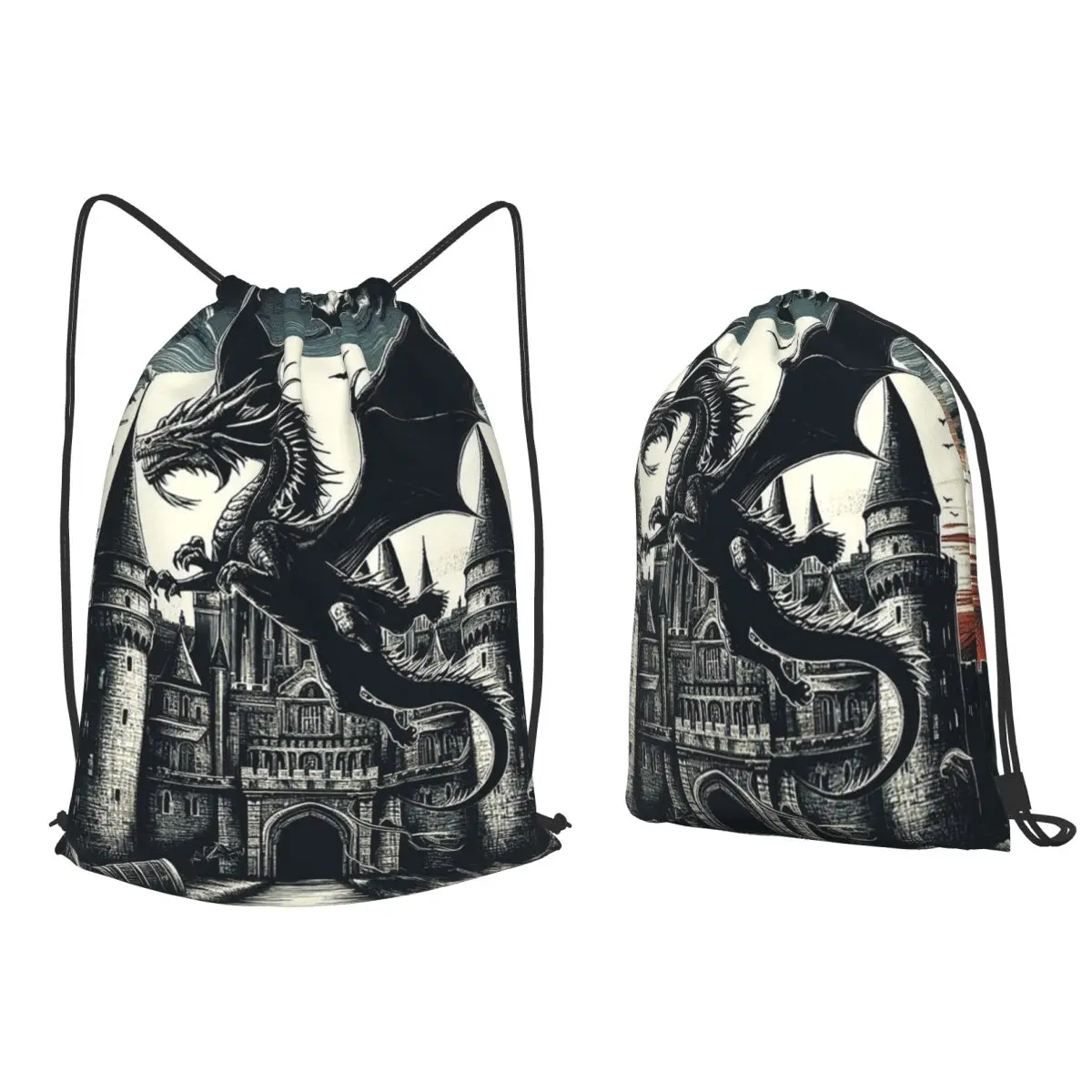 Fantasy Mythical Dragon And Castle Backpacks Portable Drawstring Bundle Pocket Storage Bag Book Bags for Man Woman Students