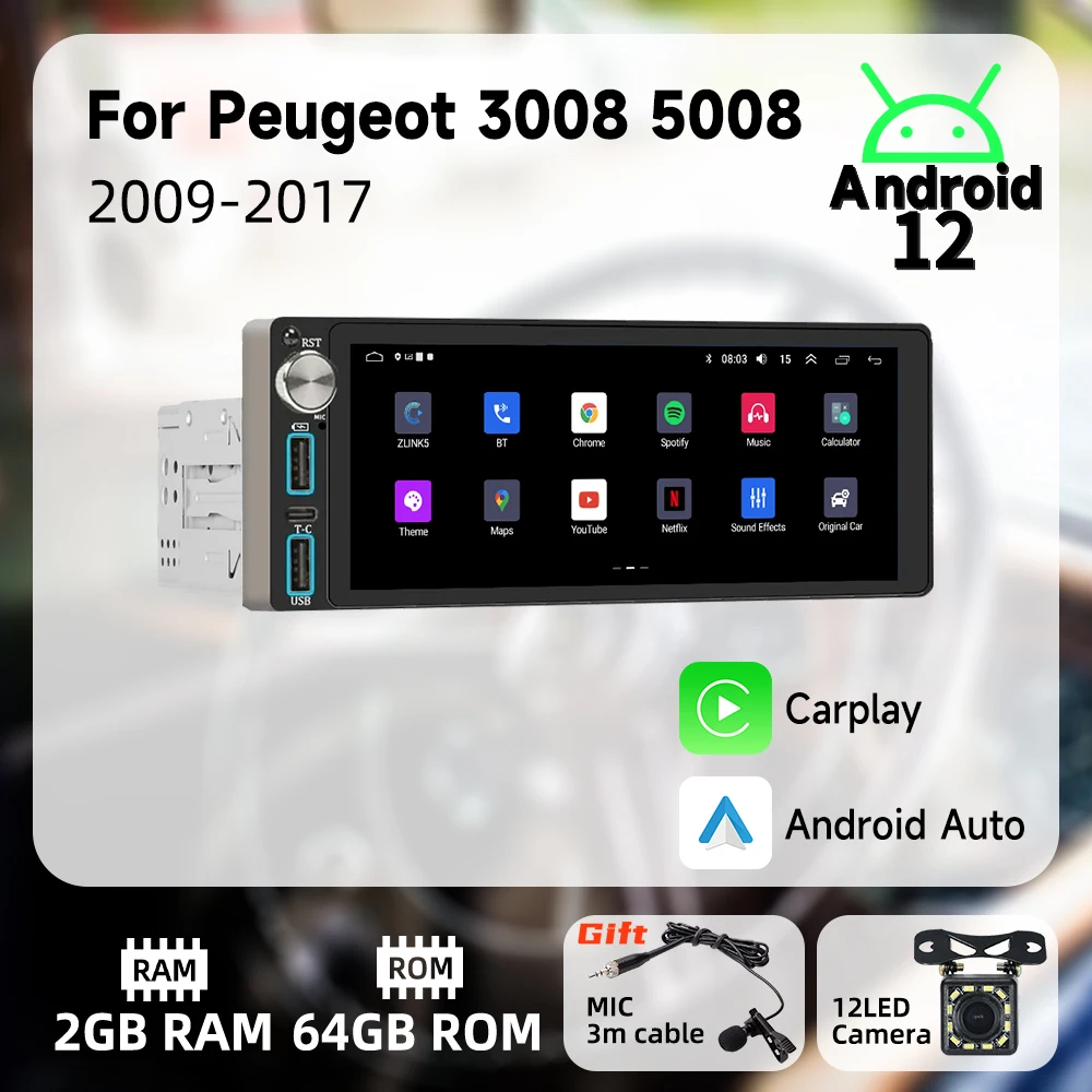 Carplay 1Din Radio Android Car Multimedia for Peugeot 3008 Peugeot 5008 2009-2017 6.86