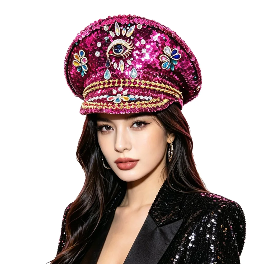Women's Pink Sequin Captain's Hat with Rhinestone Evil Eye Decor Hat with Bar DJ Stage Halloween Carnival Party Costumes Props