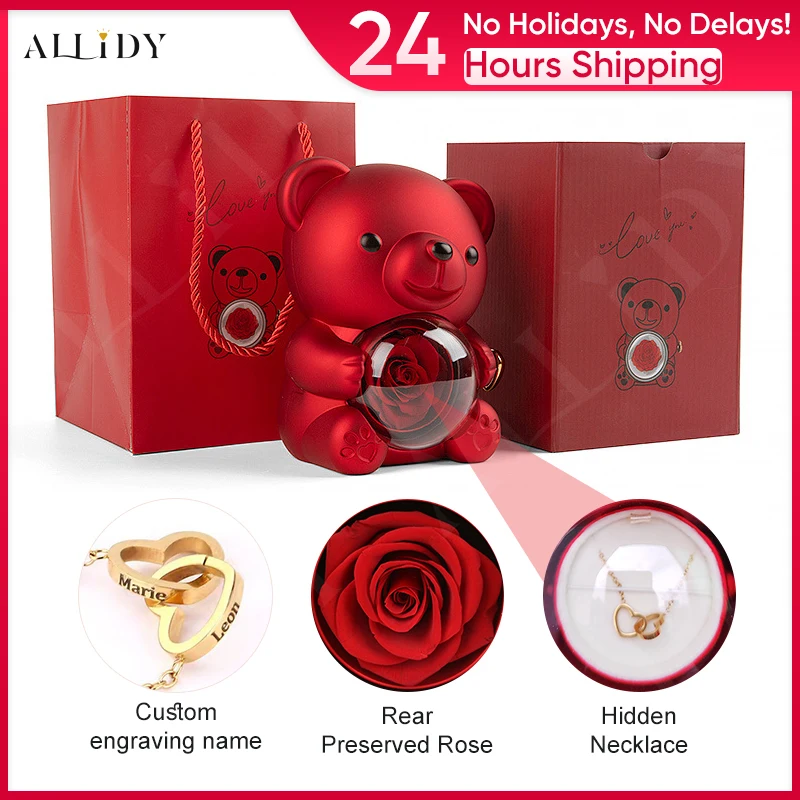 Allidy - Véritable ours en peluche rose rouge éternelle nom personnalisé collier ensemble de bijoux boîte-cadeau noël saint valentin anniversaire cadeau de mariage