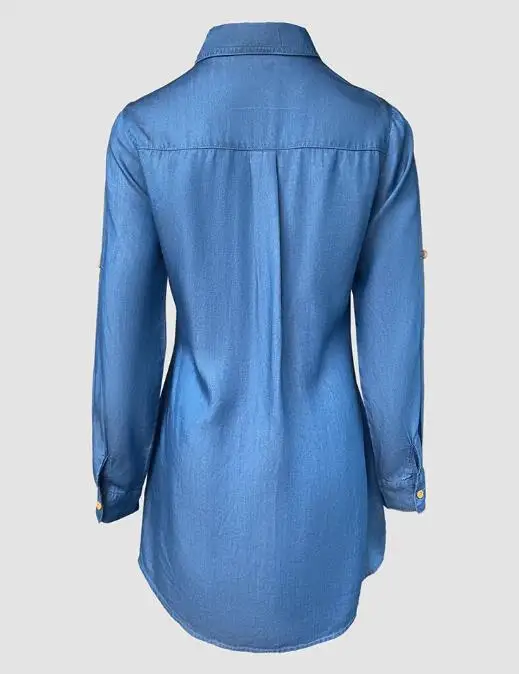 

Women Dresses Turn-Down Collar Turn-Up Sleeves Button Down Denim Shirt Dress Casual Flap Pockets Decor Asymmetrical Hem Dress