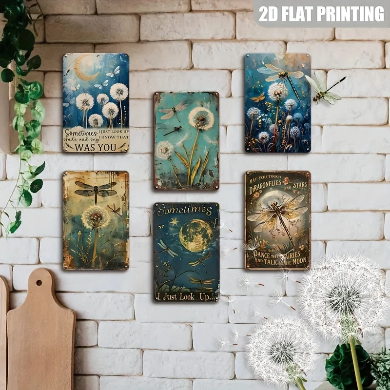 Decorative Sign & Plaque 6pcs Vintage Metal Sign, Dandelion & Dragonfly Decorative Poster, Home Decor, Wall Art Decor for Garden