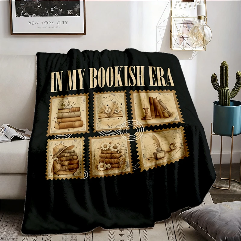 Book Lover Postage Stamp Flannel Throw, Vintage Book Aesthetic Cozy Blanket, Reading Gift