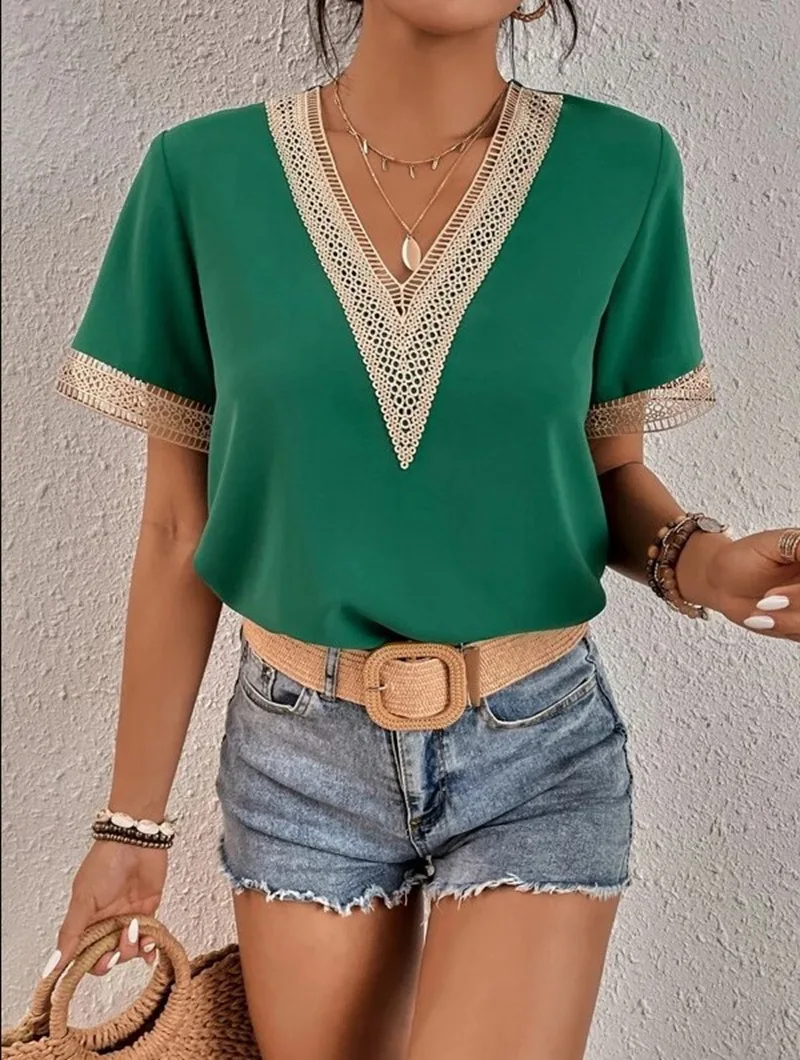 Elegant Blouse Fashion Short Sleeve Tops 2025 Summer V-neck Quilted Female Lace Shirt Commuter Blusas Elegantes Finas Para Mujer