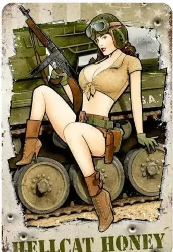 MILITARY METAL TIN SIGN SEXY PIN UP ARMY GIRL ON TANK SEXY LEGS HELLCAT HONEY sign sign