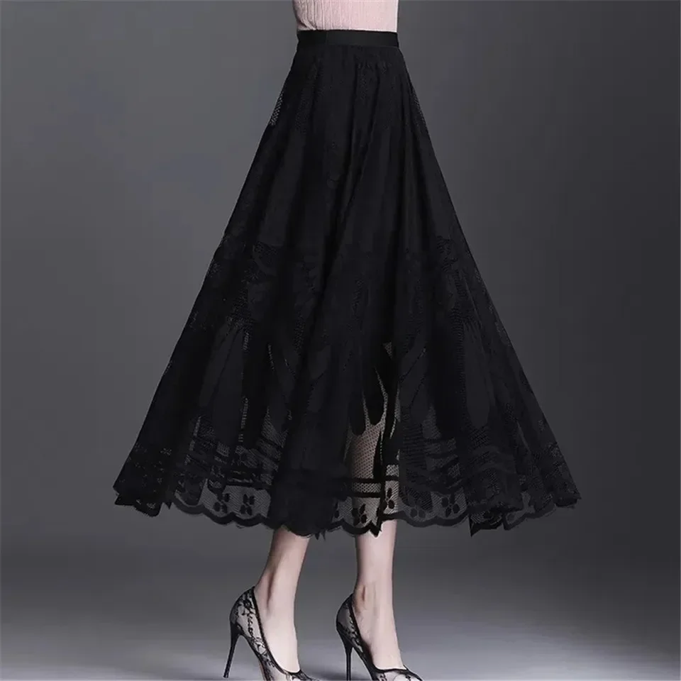 Lace Skirt Women\'s New A-word Long Skirts ladies Spring Summer Big Swing Gauze Hollow Midi Pleated Skirt Casual Office