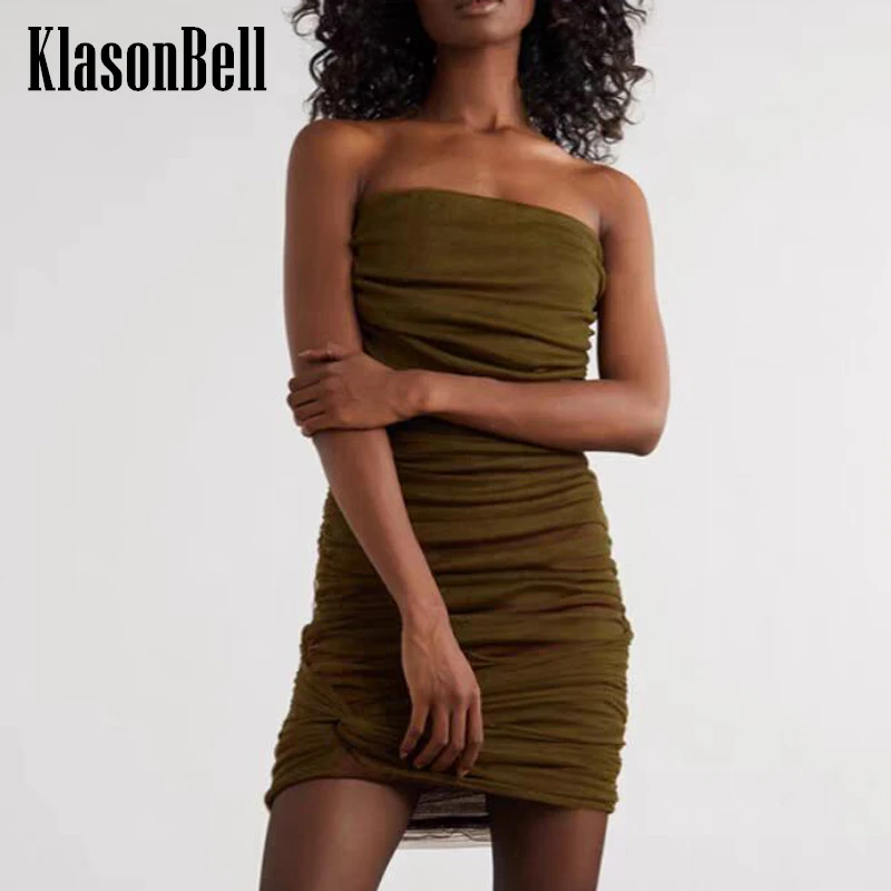 

3.4 KlasonBell 2024 New Ruched Collect Waist Strapless Mini Dress Women Cotton Mesh Slim Sexy Off Shoulder Package Hip Dress