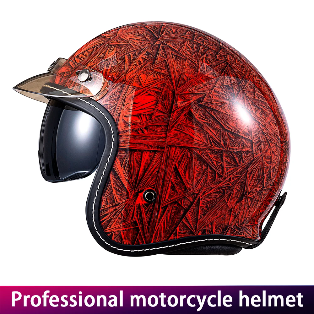 Red Vintage Motorcycle Helmet Three-Quarter Male Female Dual Lens Cruiser Biker Headgear Protection with Mirror Feature