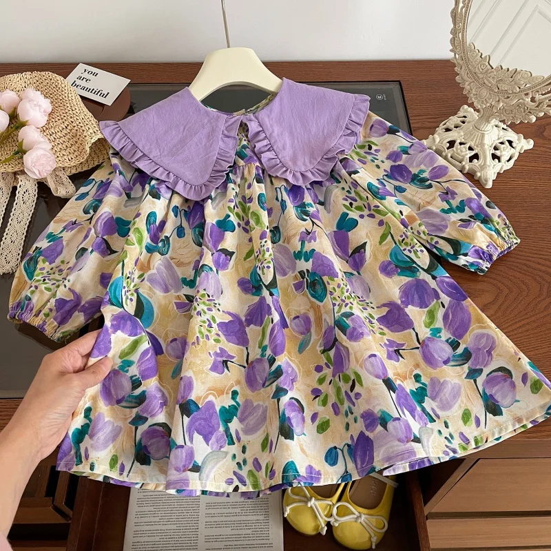 

2024Spring New Girls Lapel Print Dress Girls Casual Dress Children Shirt24030