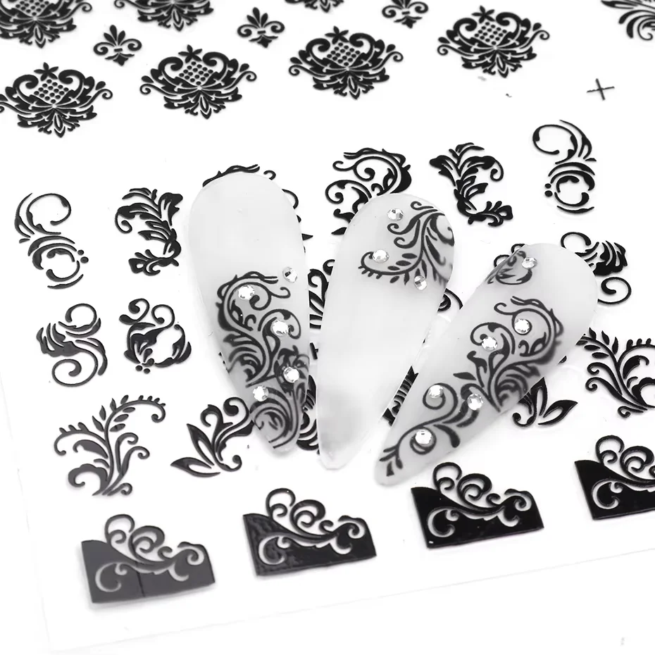 1PCS Black White Nail Stickers Flower Leaf Necklace 3D Sliders Decal Gel Polish Sticker DIY Design Manicure Tips HBJY373-384