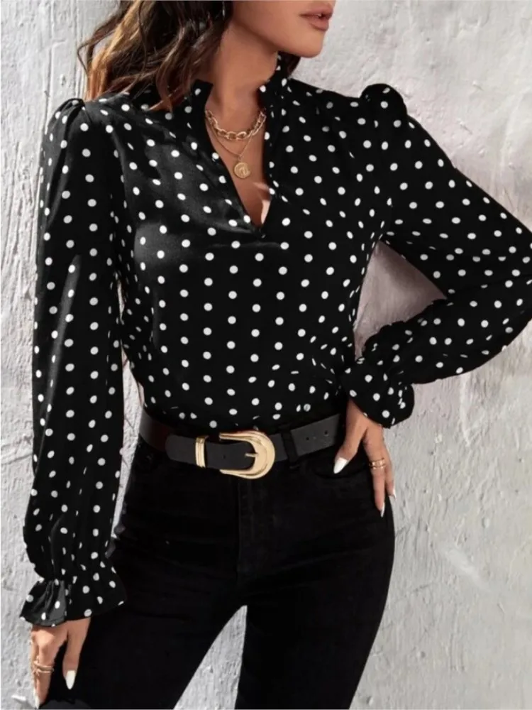 Camicia a pois alla moda camicetta e top in Chiffon Casual a maniche lunghe con scollo a v da donna 2024 primavera autunno camicie da donna da