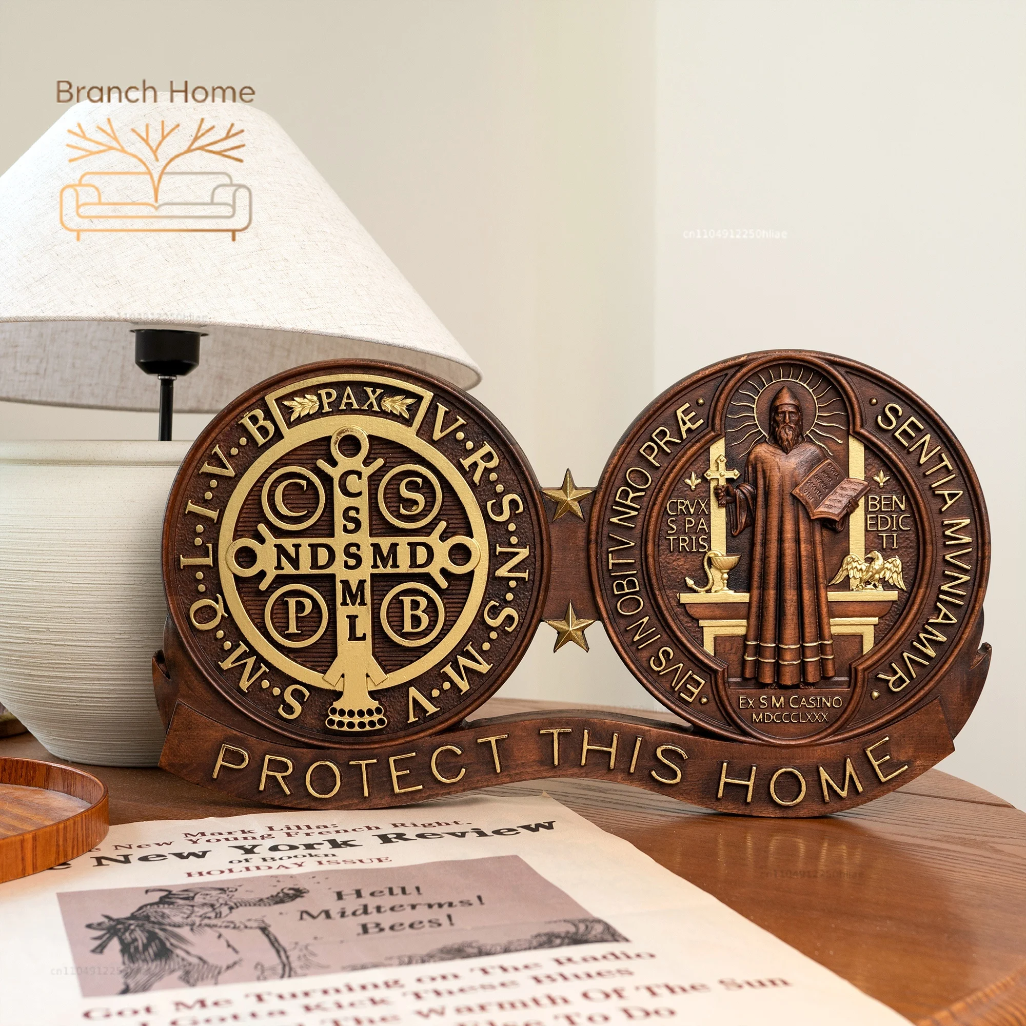 St. Benedict medal ornaments, Catholic religious items, Catholic medals, wooden decorations, exorcisms, family protection