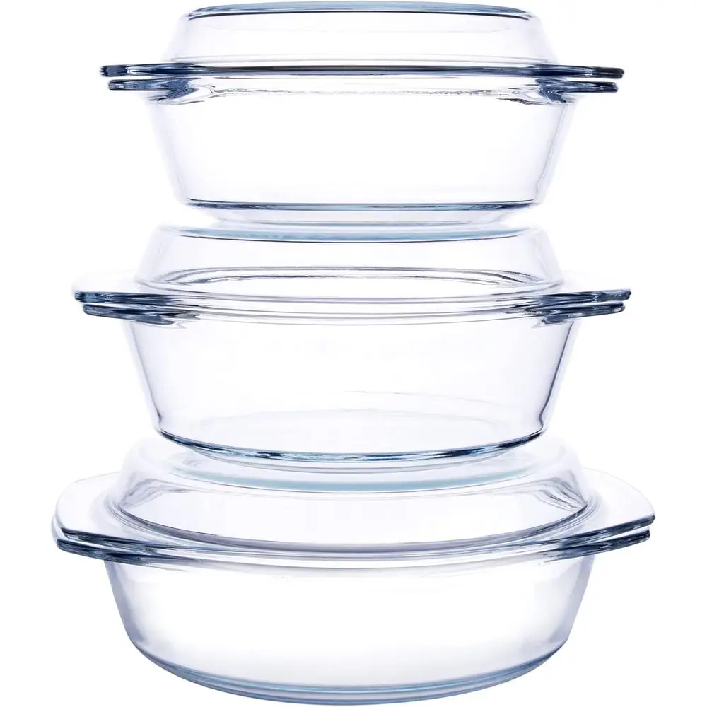 

6-Piece Round Tempered Glass Casserole Set with Lids, Oven, Freezer, and Dishwasher Safe, 1QT, 1.5QT, 1.8QT