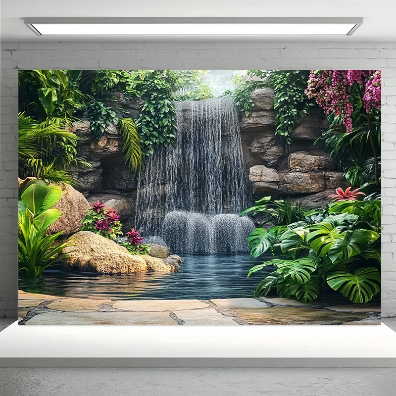 1pc Forest Garden Waterval Polyester Muurophanging - Levendig tropisch ontwerp, vloeiende waterval, buitendecoratie