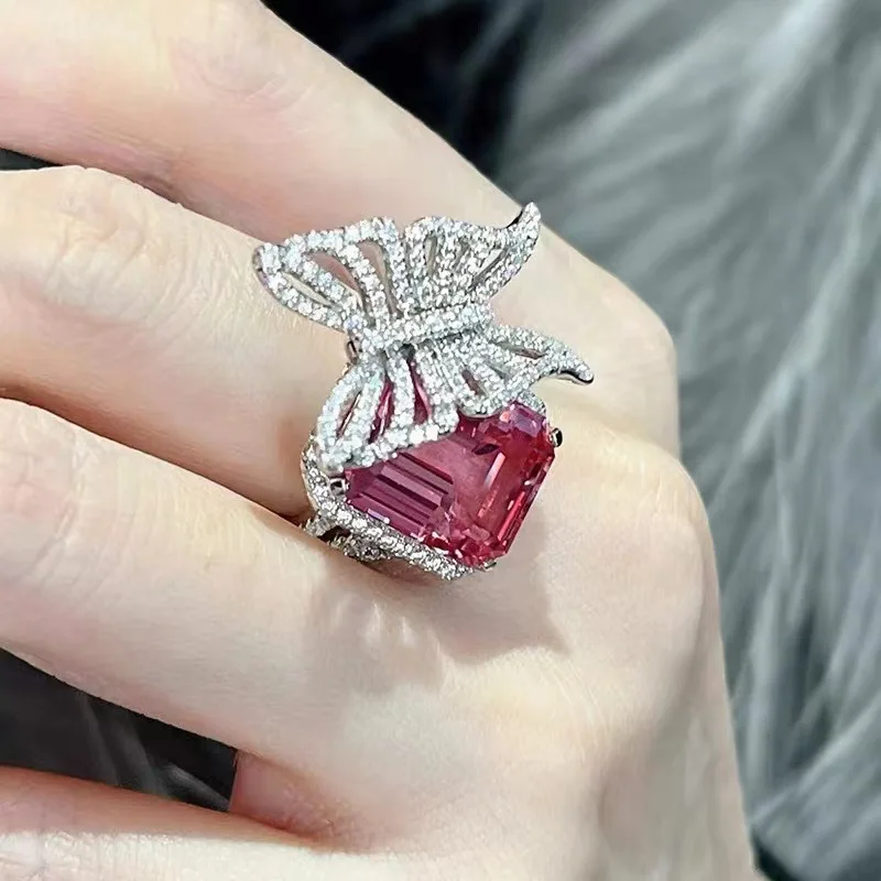 New in Luxury Pink Square gemstone Butterfly rings for women Trendy silver 925 Full Diamonds Ring Adjustable Wedding Jewelry